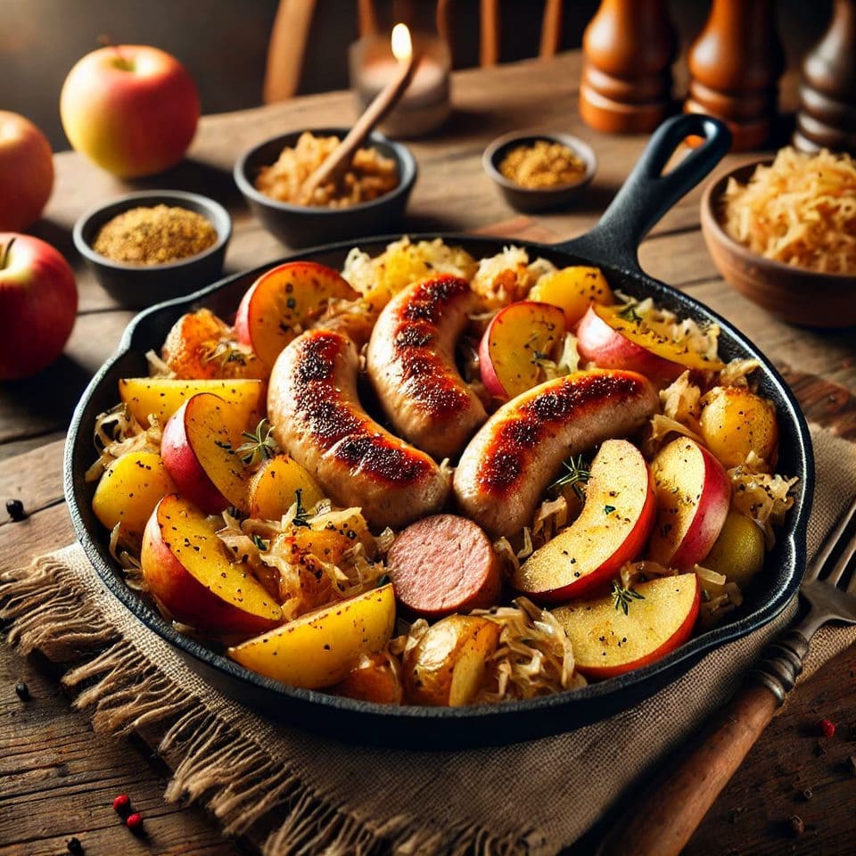 Helga's One-Pan Bratwurst with Potatoes, Apples, and Sauerkraut 