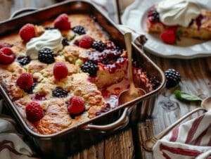 A freshly baked Mixed Berry Spoon Cake