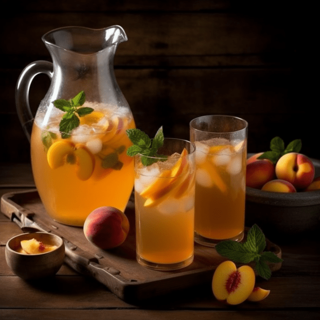 Refreshing peach iced tea in a glass pitcher with mint